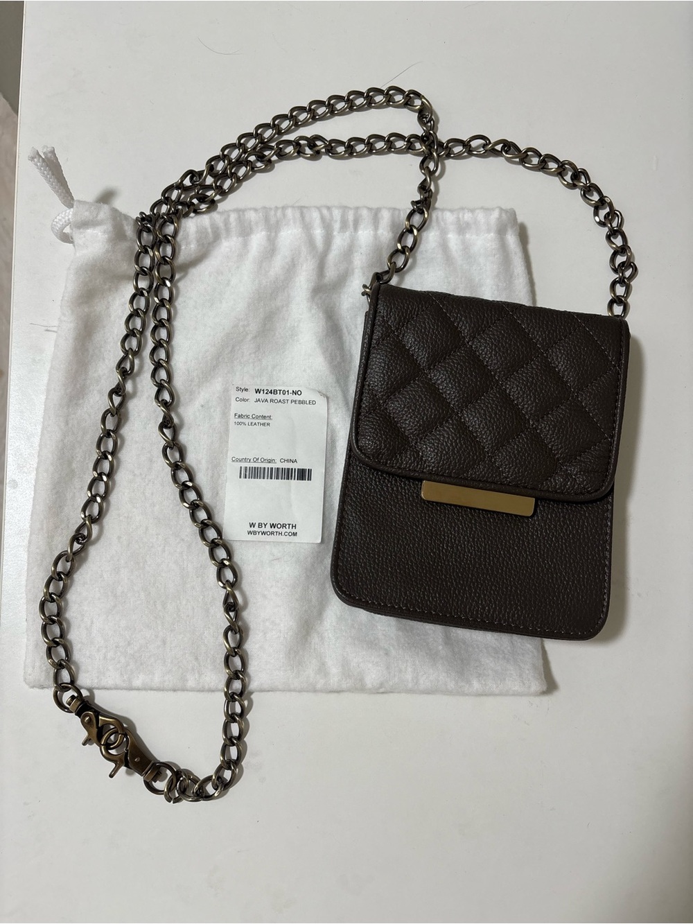W by Worth Quilted Dark Brown Leather Crossbody with Chain Strap